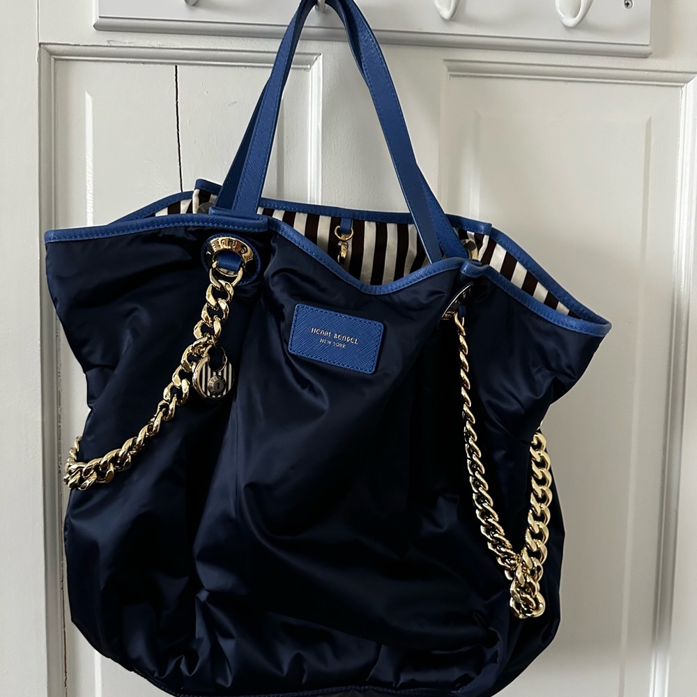 HENRI BENDEL  Blue and Gold Tote with Luxurious Chain Accent